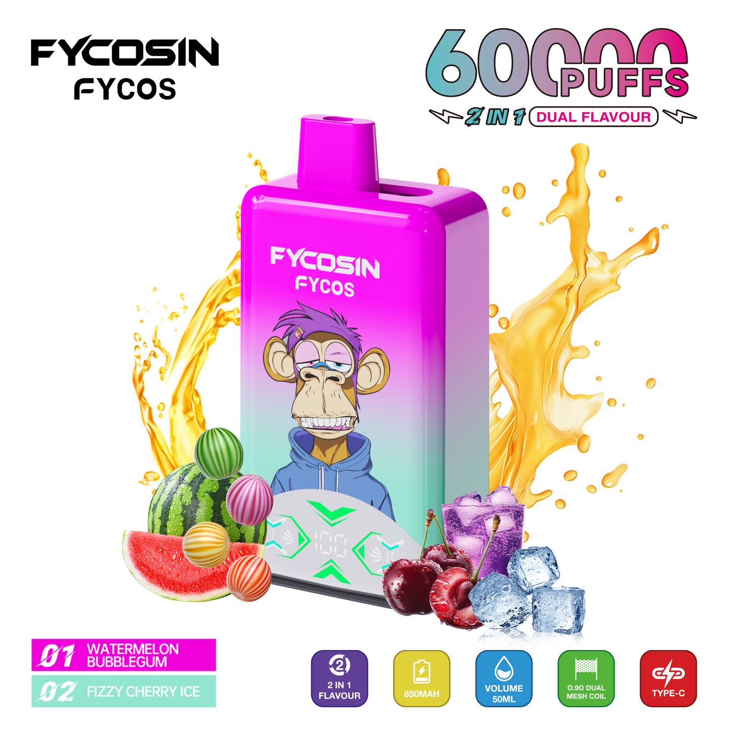 FYCOS Dual Flavour 60K Puffs, Disposable Vape ( MOQ : 10pcs / Pack )