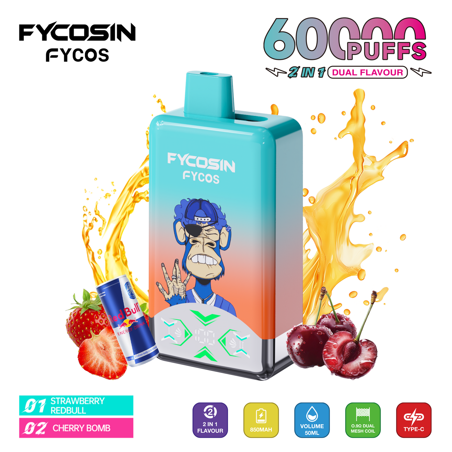 FYCOS Dual Flavour 60K Puffs, Disposable Vape ( MOQ : 10pcs / Pack )