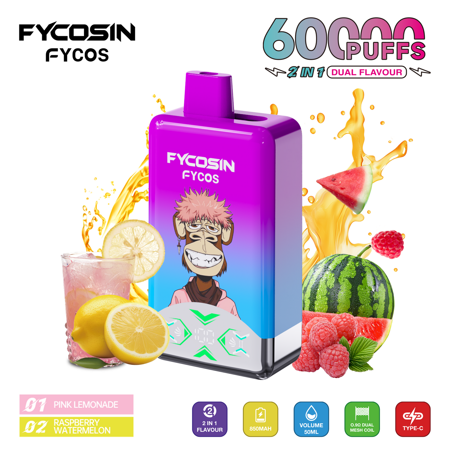 FYCOS Dual Flavour 60K Puffs, Disposable Vape ( MOQ : 10pcs / Pack )