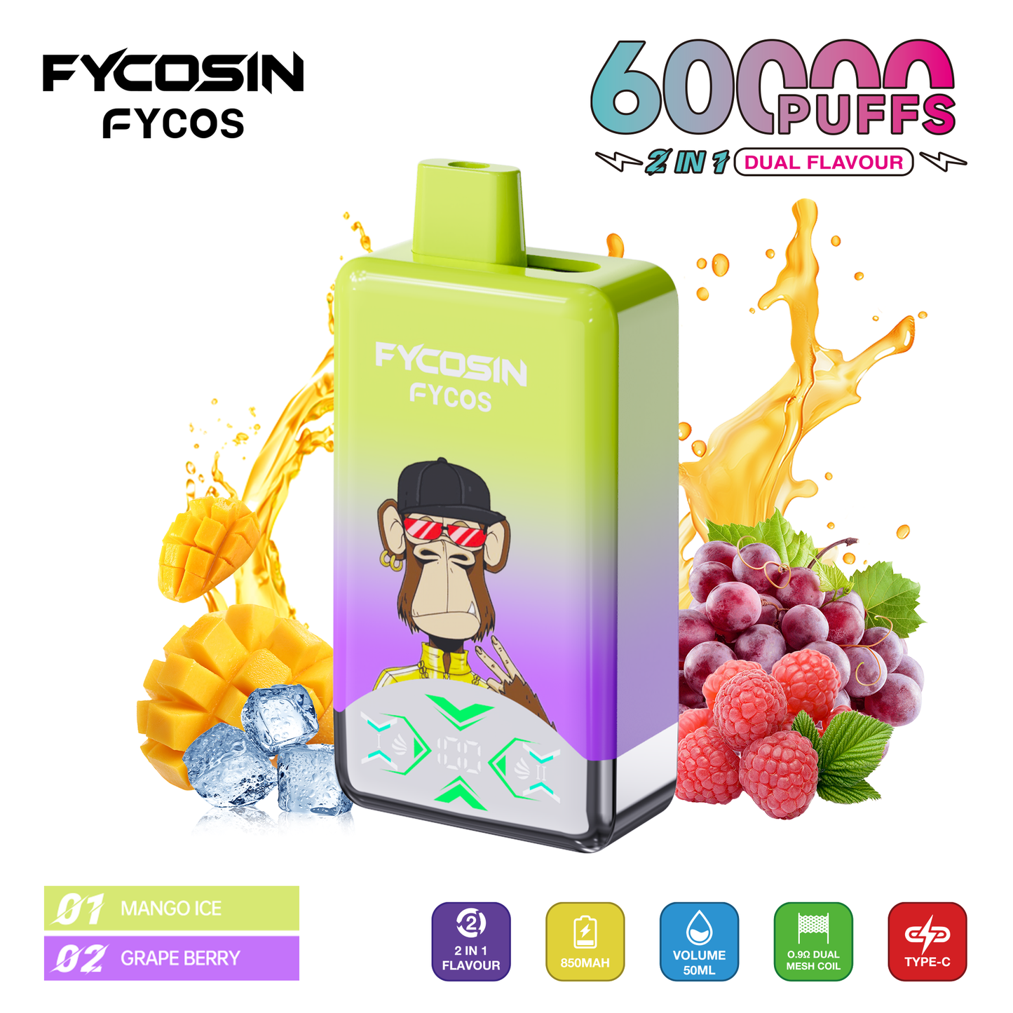 FYCOS Dual Flavour 60K Puffs, Disposable Vape ( MOQ : 10pcs / Pack )