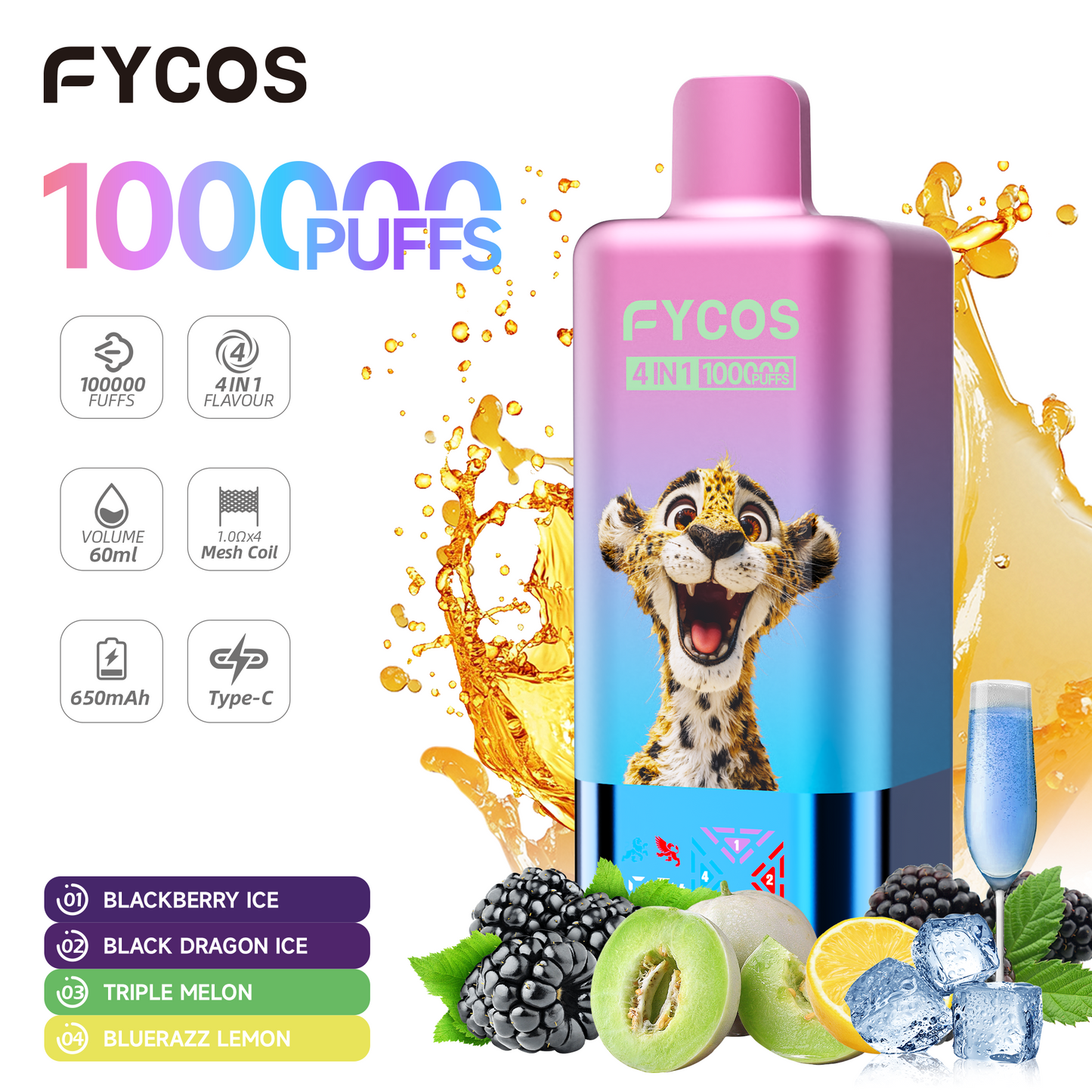 FYCOS 4in1 100K Puffs, Disposable Vape ( MOQ : 10pcs / Pack )