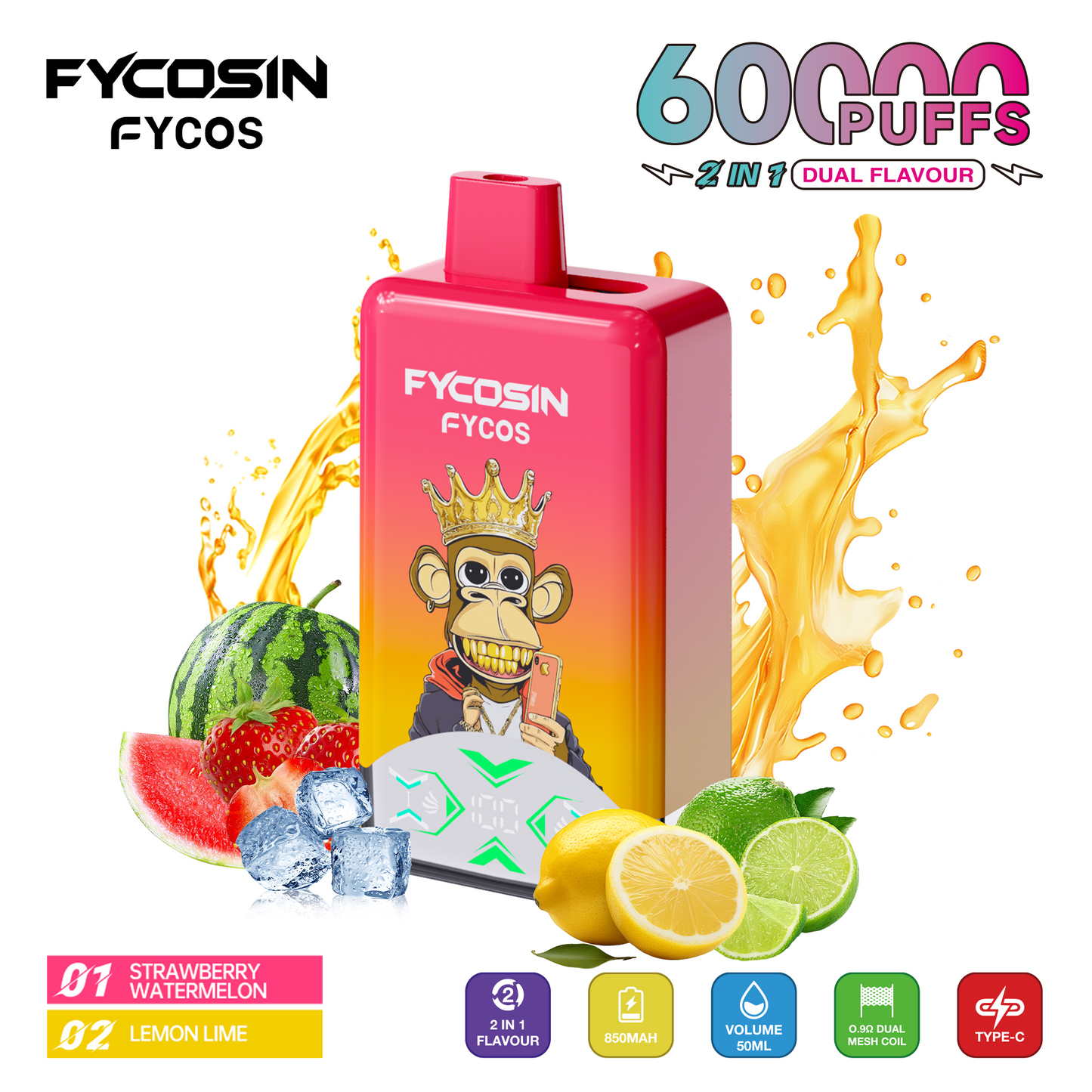 FYCOS Dual Flavour 60K Puffs, Disposable Vape ( MOQ : 10pcs / Pack )