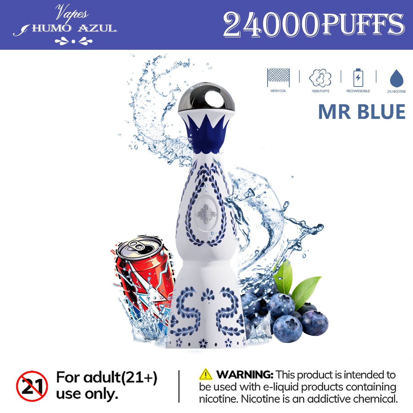 Humo Azul Tequila 24000 24K Puffs, 2% , Disposable Vape (10 pcs)