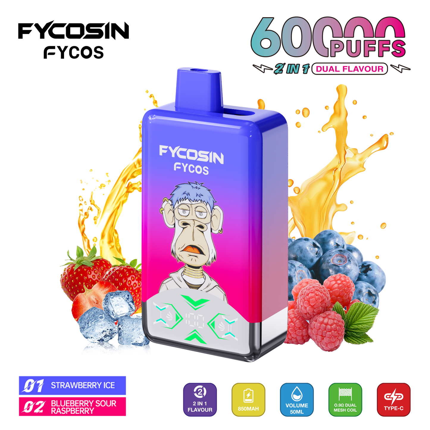 FYCOS Dual Flavour 60K Puffs, Disposable Vape ( MOQ : 10pcs / Pack )