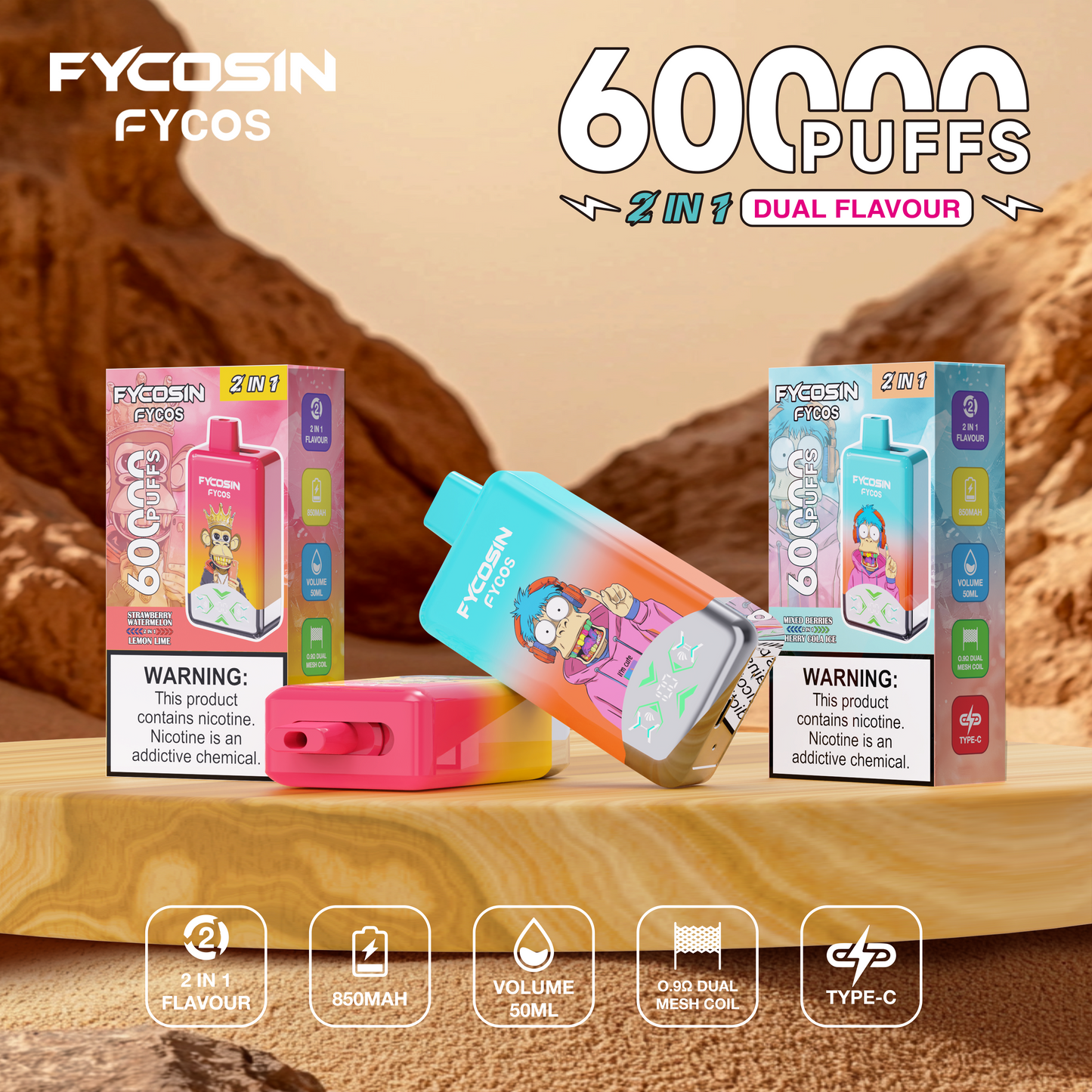 FYCOS Dual Flavour 60K Puffs, Disposable Vape ( MOQ : 10pcs / Pack )