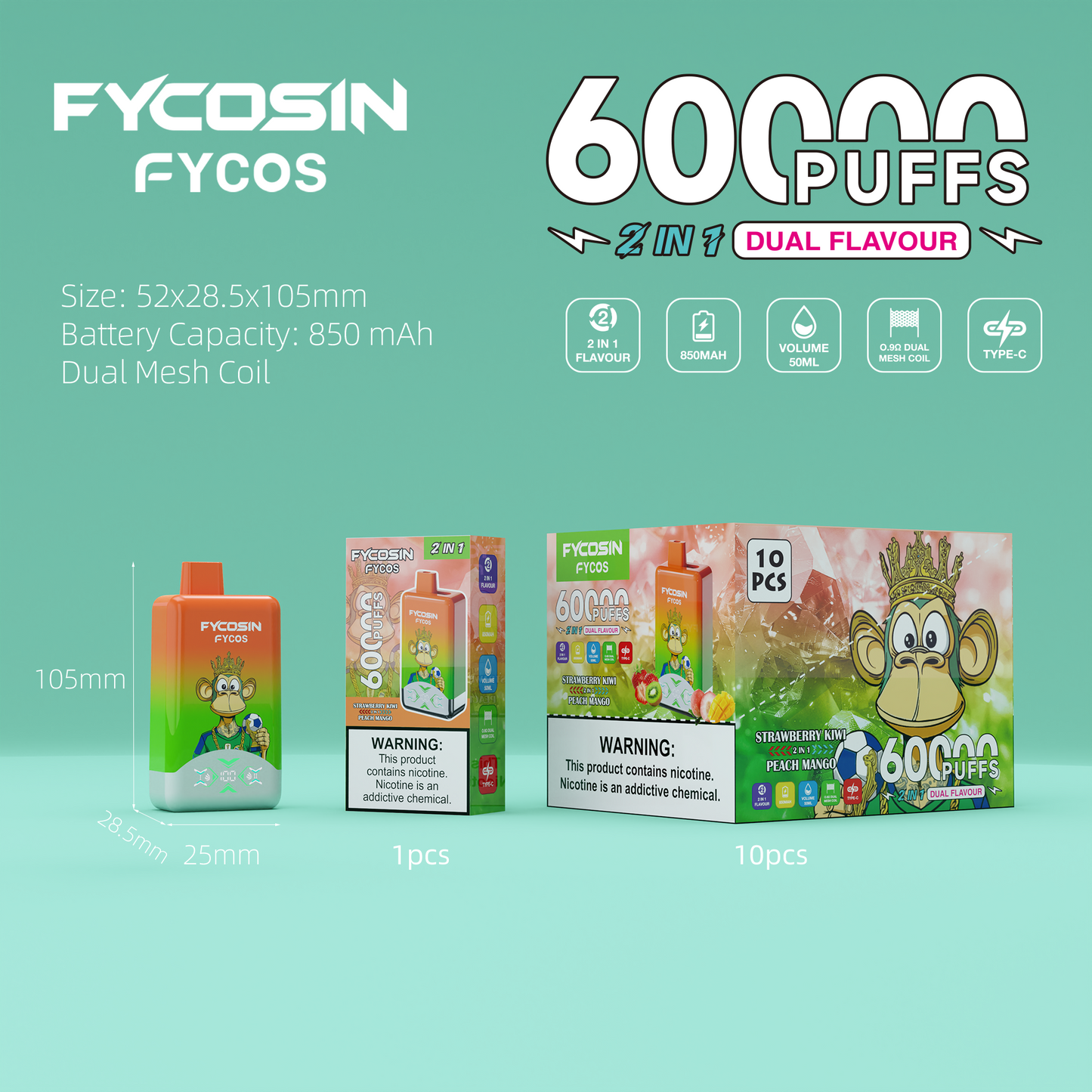 FYCOS Dual Flavour 60K Puffs, Disposable Vape ( MOQ : 10pcs / Pack )