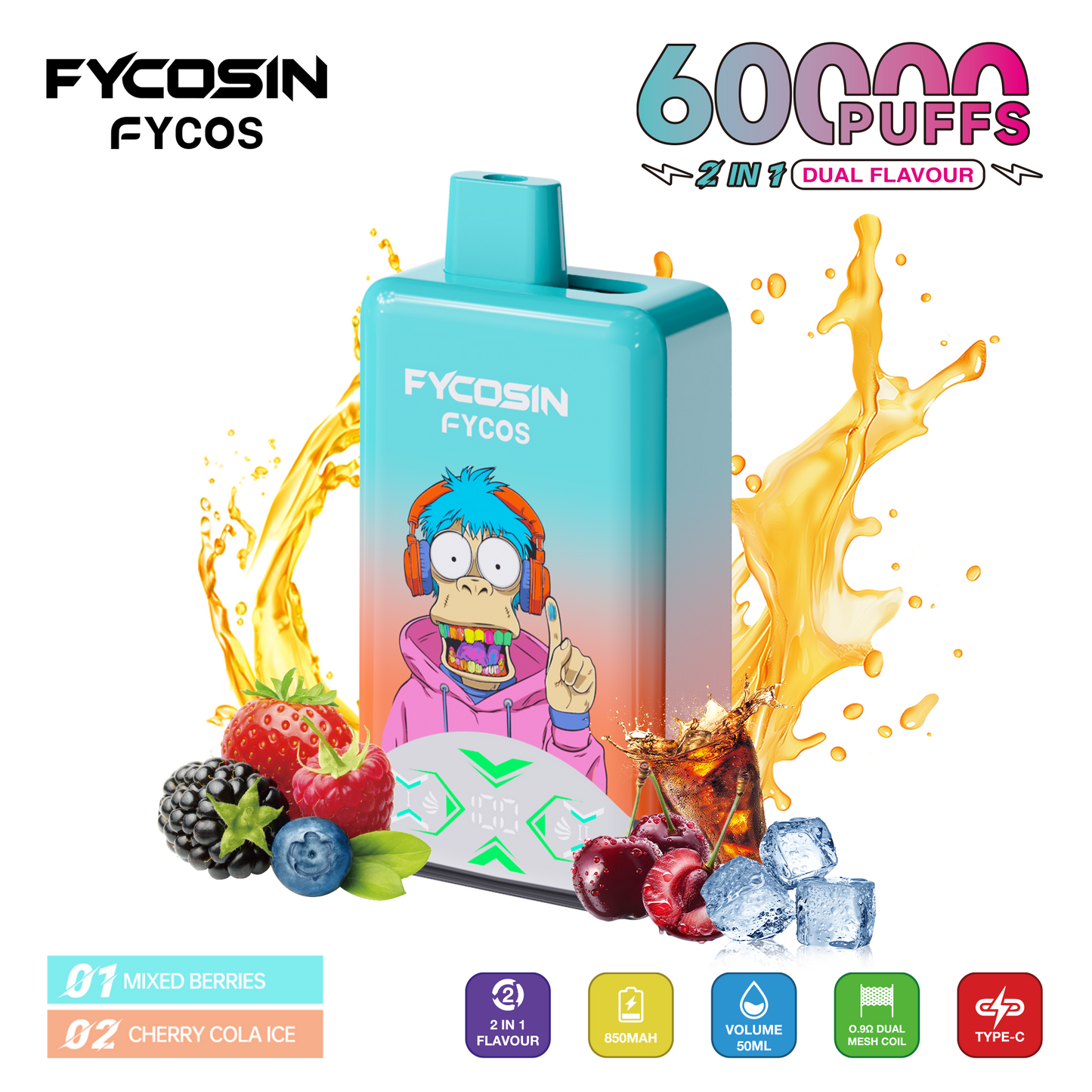 FYCOS Dual Flavour 60K Puffs, Disposable Vape ( MOQ : 10pcs / Pack )