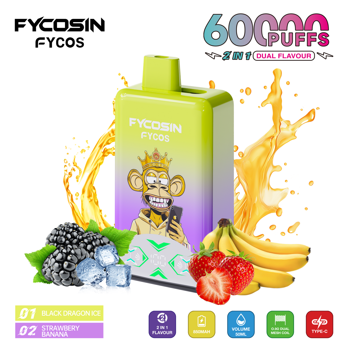 FYCOS Dual Flavour 60K Puffs, Disposable Vape ( MOQ : 10pcs / Pack )