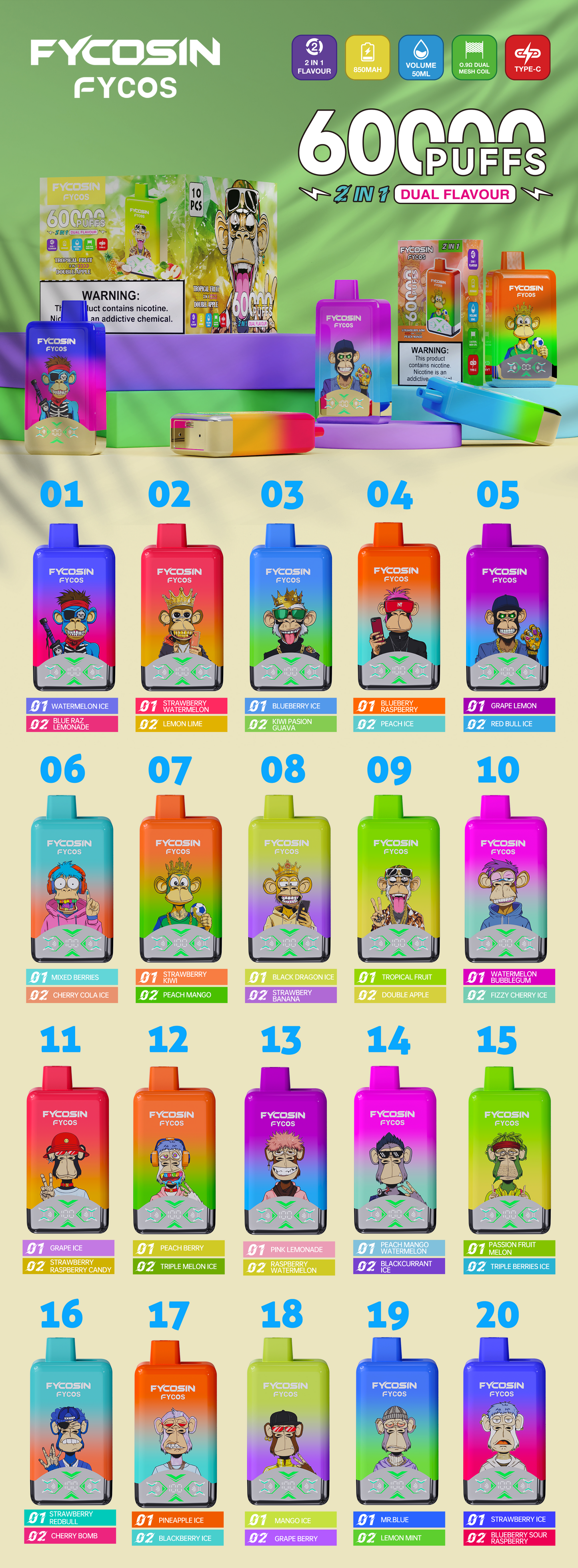 FYCOS Dual Flavour 60K Puffs, Disposable Vape ( MOQ : 10pcs / Pack )