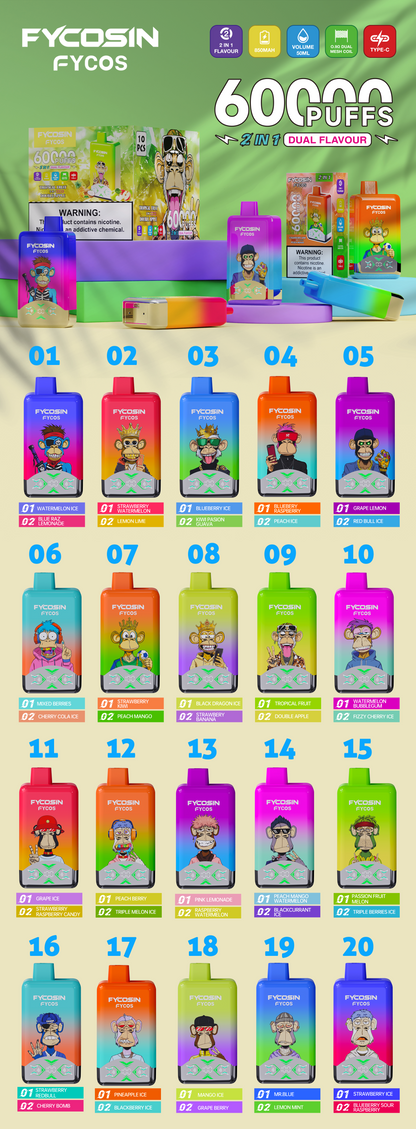 FYCOS Dual Flavour 60K Puffs, Disposable Vape ( MOQ : 10pcs / Pack )