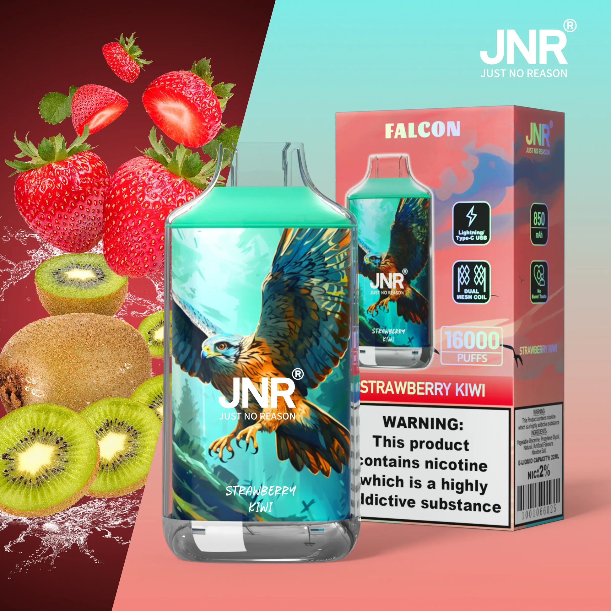 JNR Falcon 16000 Puffs | 2% strength, 22mL, dual mesh, airflow control, 850mAh, 28 tastes