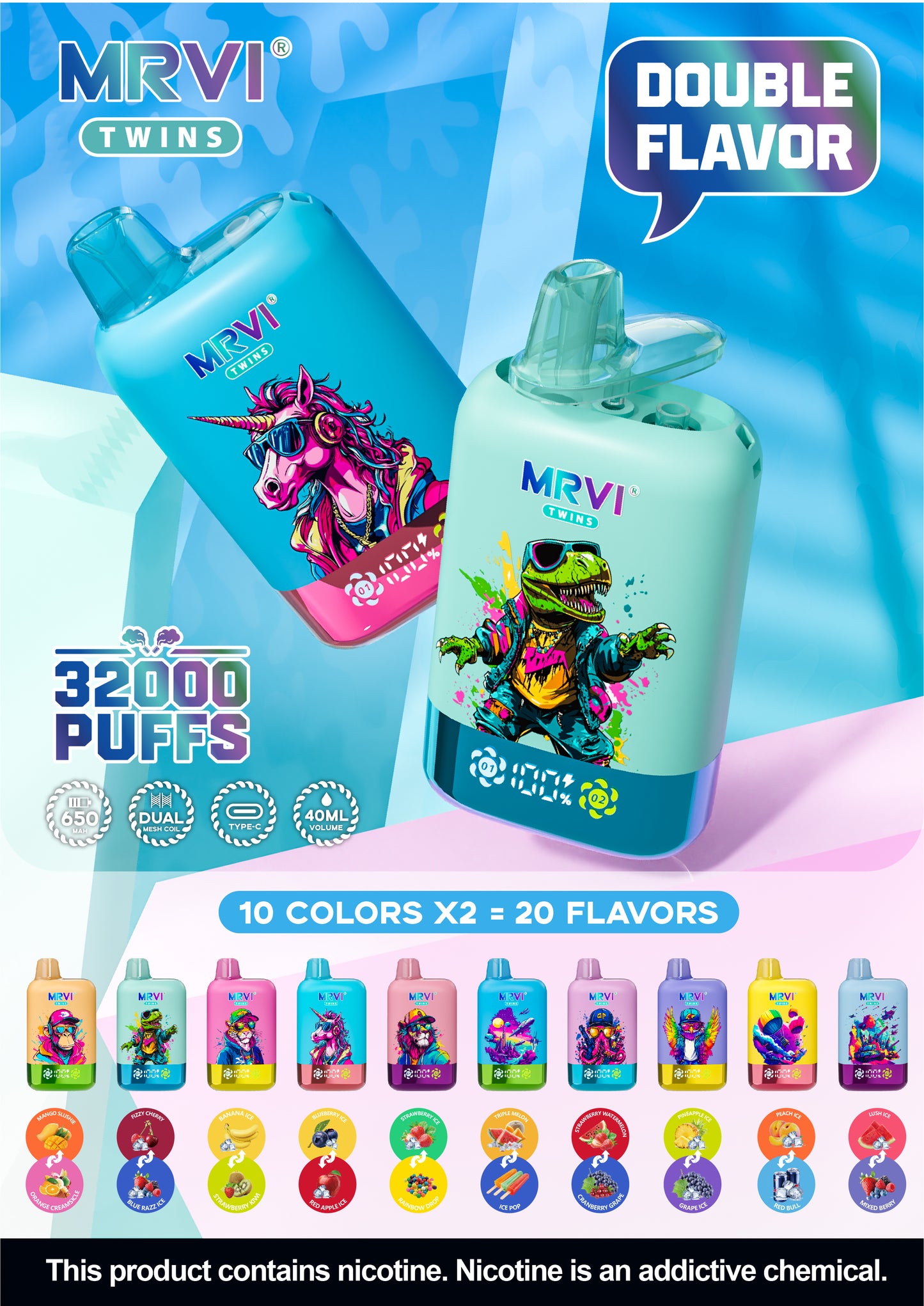 MRVI Twins 32000 Puffs, Double Flavour, Disposable Vape  (10 pcs)